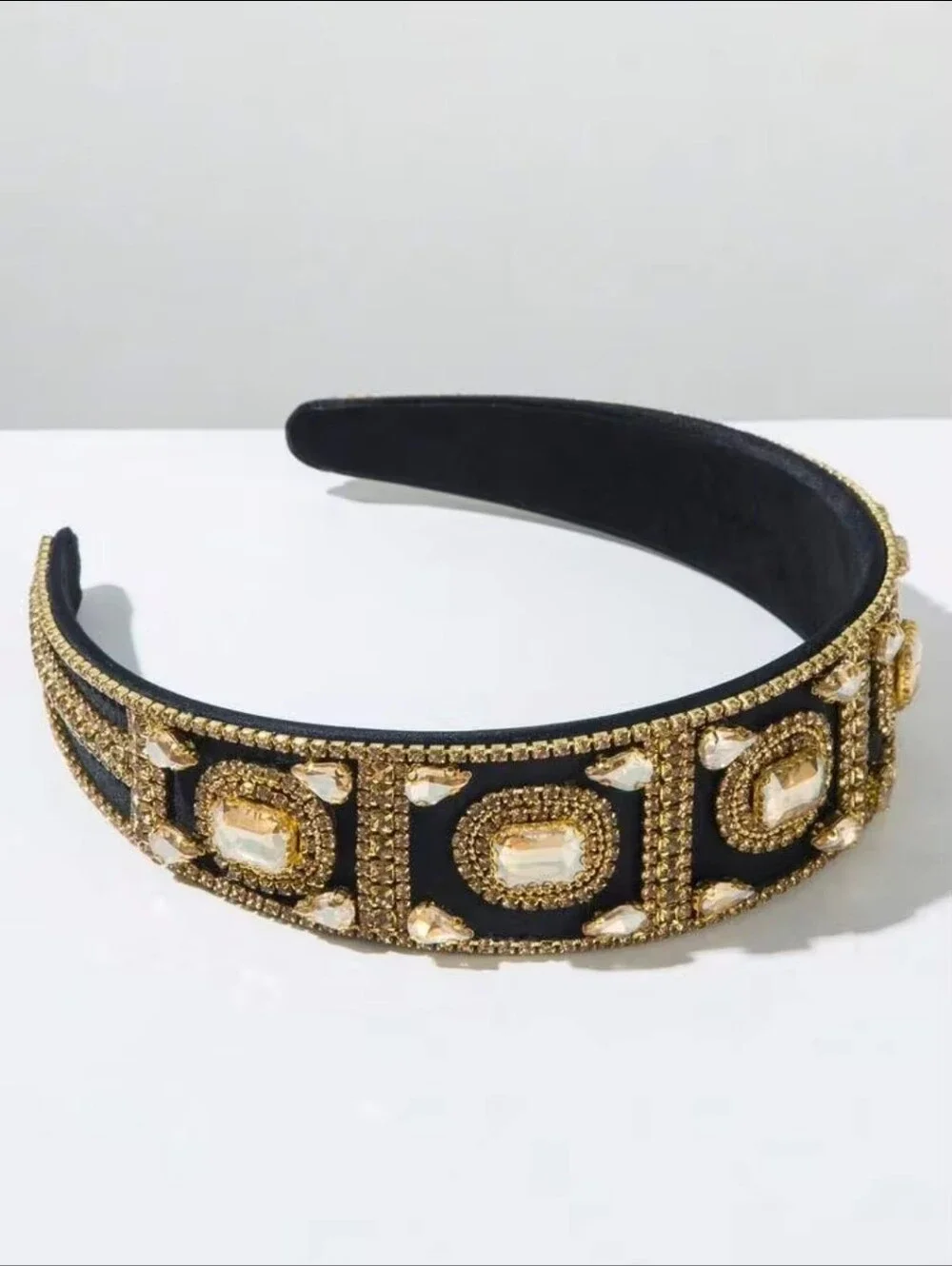 Black Headband with Gold Crystal Embellishments
